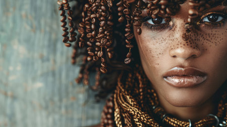 Close-up portrait of beautiful african american woman with coffee beans.の素材