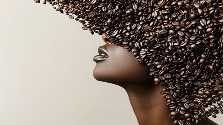 Coffee beans on the head of a woman. 3d renderingの素材