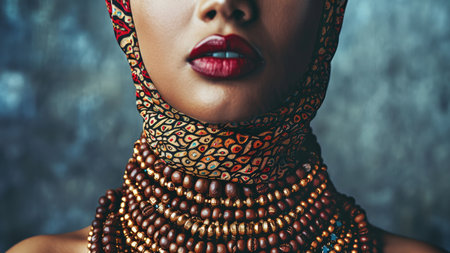 Close-up portrait of a beautiful young woman with red lips and beads.の素材