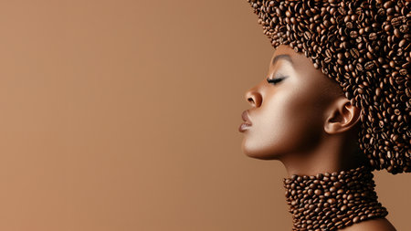 Close-up portrait of a beautiful african american woman with coffee beans on her headの素材