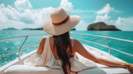 Beautiful young woman in white dress and straw hat relaxing on yacht at seaの素材