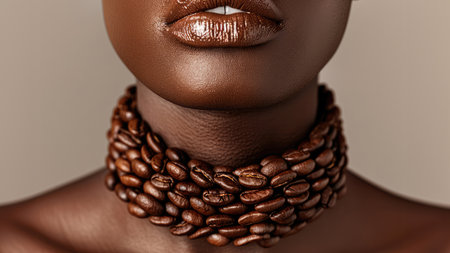 Close-up portrait of a beautiful African-American woman wearing a necklace of coffee beansの素材