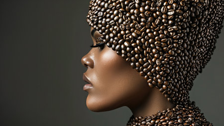 Beautiful african american woman with coffee beans on her headの素材