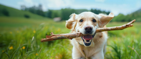 Cute Golden Retriever playing with a stick in the fieldの素材