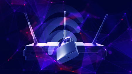 Wireless router and padlock on a blue background. 3d rendering
