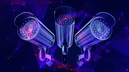 Surveillance camera. 3d illustration in blue and pink colors