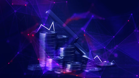 Stack of coins and sword with graph background. 3d illustration.
