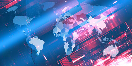 abstract technology background with world map and glowing lines. 3d illustration