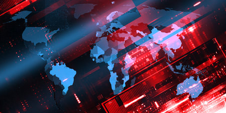 Abstract technology background with world map and glowing lines. Vector illustration.