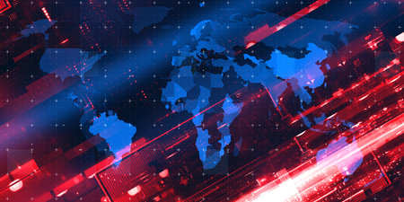 abstract technology background with world map and red lights, vector illustration