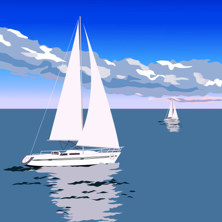 A yacht sails on the sea. In the skyのイラスト素材