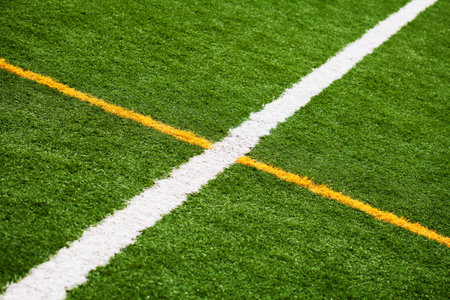 Limit lines of a sports grass field for Background. White and Yellow lines.の写真素材
