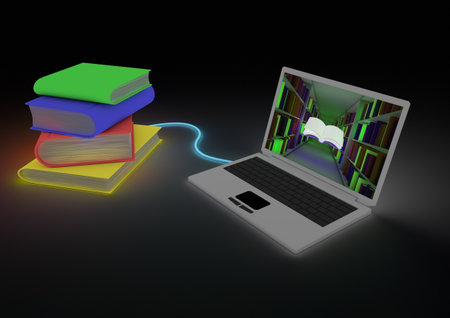 books connected to a laptopの写真素材