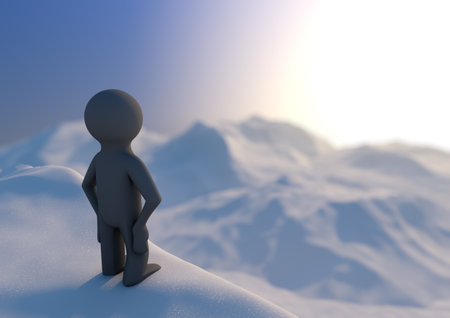 render of a person standing on a mountain with a viewの写真素材