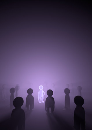 render of a crowd with one glowing in the middle, symbolizing importanceの写真素材