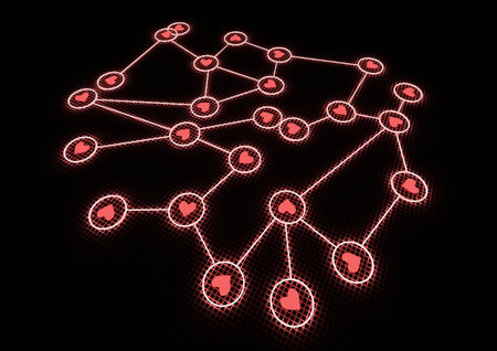 render of a network of glowing heartsの写真素材