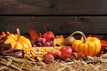 Thanksgiving - vegetable and fruits on straw in front of old weathered wooden boards with copyspace