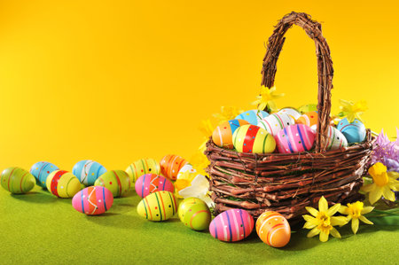 colorful easter eggs and narcissus in easter basket on grass