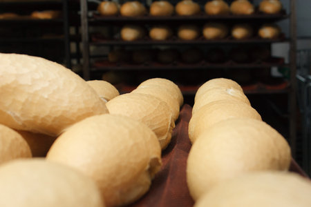 Freshly baked bread pan with freshly baked bread cart in the backgroundの写真素材