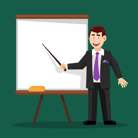 Suit man with a pointer at the white board, vector illustrationのイラスト素材