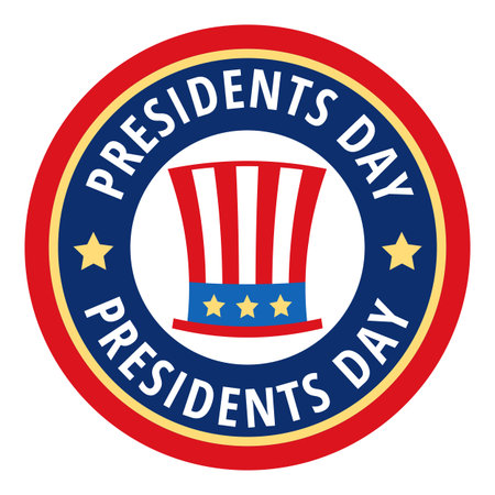 Badge greetings for Presidents day circle banner with text illustration red and blue color hat sign and gold starのイラスト素材