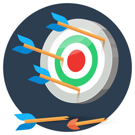 Dart arrows miss target on color background in circle, lose flat vector illustration broken arrow, 3d stylizeのイラスト素材