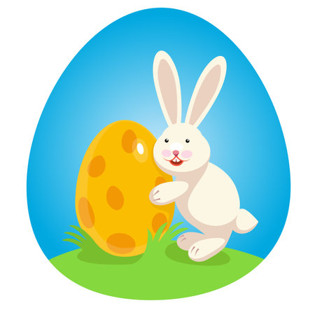Easter bunny with big easter Egg vector color cartoon rabbit illustration easter traditional sign for banners, posters, card or label graphic element isolated on white background egg shape imageのイラスト素材