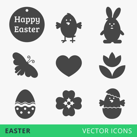 Easter signs vector icons, happy easter text on banner, easter traditional symbols illustration with easter chicken, easter rabbit, cartoon bunny, shell egg, easter egg flowers and spring butterflyのイラスト素材