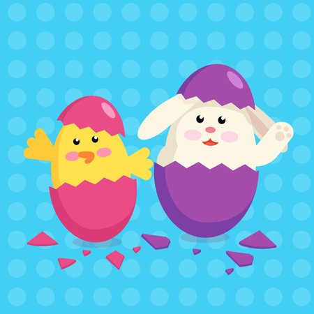 Happy Easter friendly characters, easter rabbit and chick hatched debris shell from painted egg vector color illustrationのイラスト素材