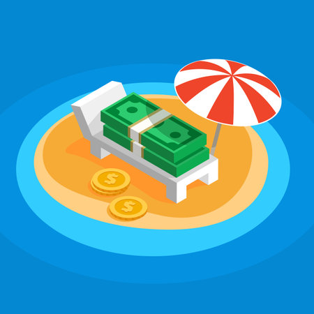 Money resting on the sunny beach, lying on a lounger under a parasol striped umbrella on the island overseas, flat color vector shaped illustration of offshore, banknotes money get a rest from taxesのイラスト素材