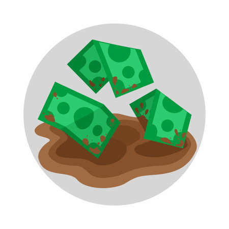Dirty money in puddle flat color icon, cartoon vector illustration of grime money financeのイラスト素材