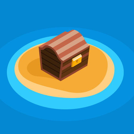 Treasure chest on a deserted lonely little island, flat color vector cartoon illustration, chest color iconのイラスト素材