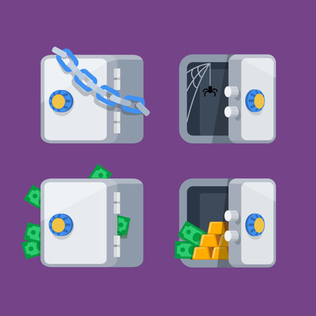 Safe flat vector color illustration, safe cartoon style icons set, open safe with gold bars and money banknotes, closed safe with money, closed safe chain, open empty safe spider webのイラスト素材