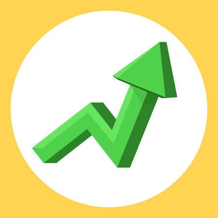 Green upward trend Indication arrow. Up arrow, statistic financial graphic sign. Flat green color Vector illustration in white circle on orange backgroundのイラスト素材