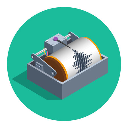 Earthquake analog seismograph isolated in circle flat color vector illustration, isometric style flat seismometer recording tool icon teaserのイラスト素材