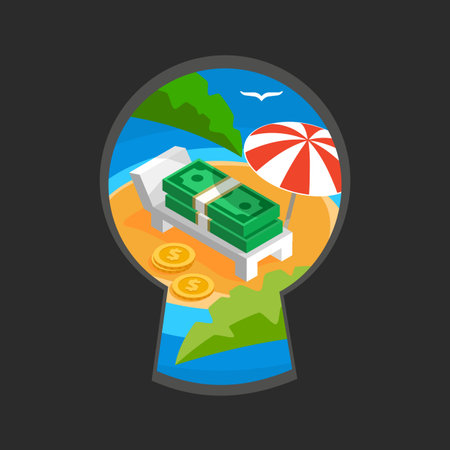Money in keyhole color flat illustration, teaser spying through the key slit, money haven with umbrella on ocean beach with palm leaves, money paradise sign of offshore zoneのイラスト素材