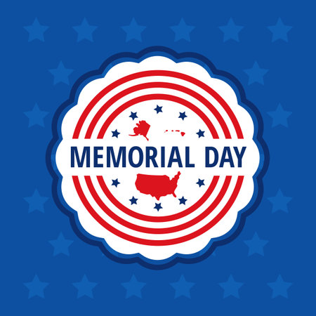 Memorial day color badge in wavy circle over blue background stars. Flat Memorial day congratulation illustration. Memorial day banner with USA flag, stars and map elements.のイラスト素材