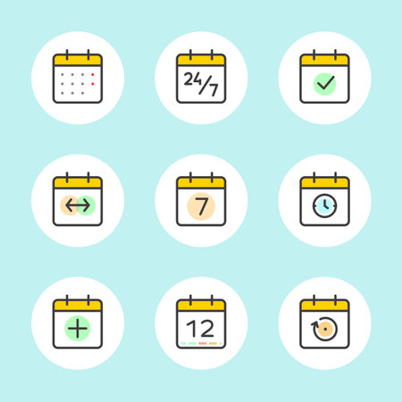 Calendar Icons Vector Set. Time and Seasons Simple Contour Line Style Signs. Vector Symbols of Diary, Organiser, Calender, Week, Months, Year, Date Pictogram Outline Icon on blue color backgroundのイラスト素材
