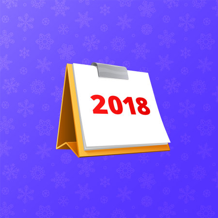 Gold Flip-flop Calendar vector illustration with red text 2018. New Year Time symbol on violet gradient background with snowflakesのイラスト素材