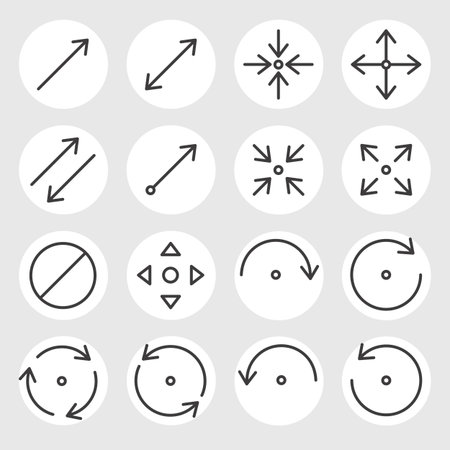 Line arrows and signs vector icons set. Different states, types and directions of the arrows, double arrow, curved, triangle, angled, rotate, cancel and other navigation arrowsのイラスト素材