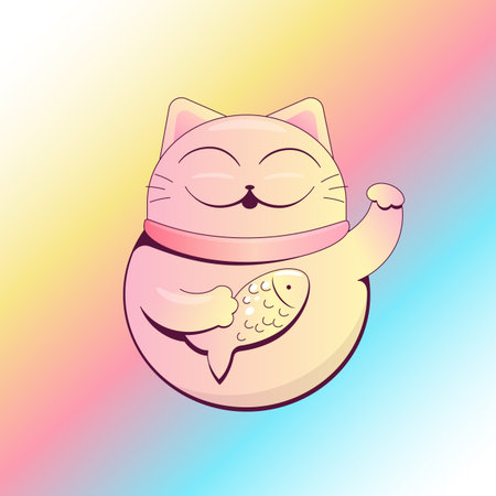 Maneki Neko Cat on Gradient Rainbow Backgroundのイラスト素材