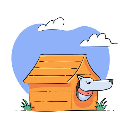 The watchdog is sitting in the booth. The pet carefully guards the territory. Flat color vector illustration with blue sky and clouds background.のイラスト素材