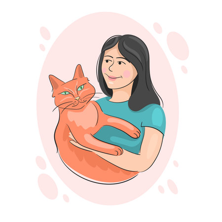 Girl hug domestic cat. Female hugging kitten with love, pretty friendship of man and pet, handwritten flat sketch isolated on white background with halftone color elements, vector illustrationのイラスト素材