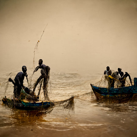 digital art, conceptual composition showing traditional African fishermen on their canoeの写真素材