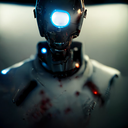 3d render of a bloodied robot with a threatening eyeの写真素材