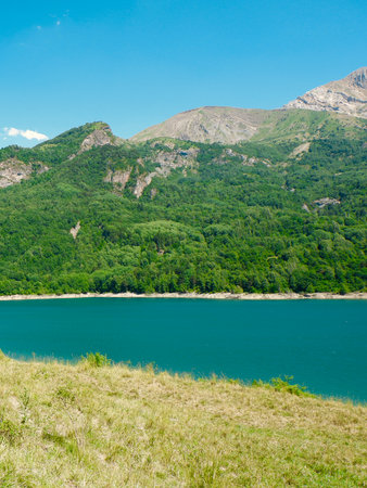 River Gallego and view of the mountainside,  Sallent de Gallego, Huesca, Aragon region, Spainの写真素材