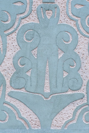 Crop of original art deco ornamentation in classical style downtown district, Madrid, Spain. Pastel...