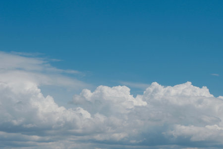 Aerial view on moody thunder clouds. Gorgeous vibrant cloudscape created by wind. Concepts of climate change, eternity, heaven, opportunityの写真素材