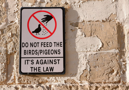 Warning sign saying - Do not feed the birds/pigeons - placed on the aged sand stone wall.  Illustrated caution signpost explains rules on the streets of Valletta, Maltaの写真素材