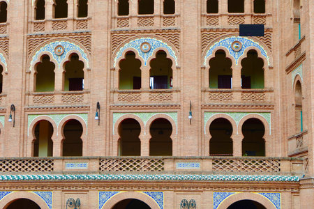 Facade of the bull fighting arena in Madrid, Spain. Arabic neo mudejar style decorationの写真素材